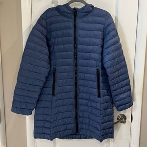 Reebok Hooded Lightweight Poly Filled Puffer Coat Sz L Blue Zippered Pockets